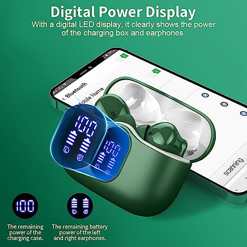 Wireless Earbuds, Bluetooth 5.3 Headphones In Ear with 4 ENC Noise Cancelling Mic, 2023 Bluetooth Earphones Mini HI-FI Stereo Sound, LED Display Wireless Headphones 36H Playtime IP7 Waterproof, Green
