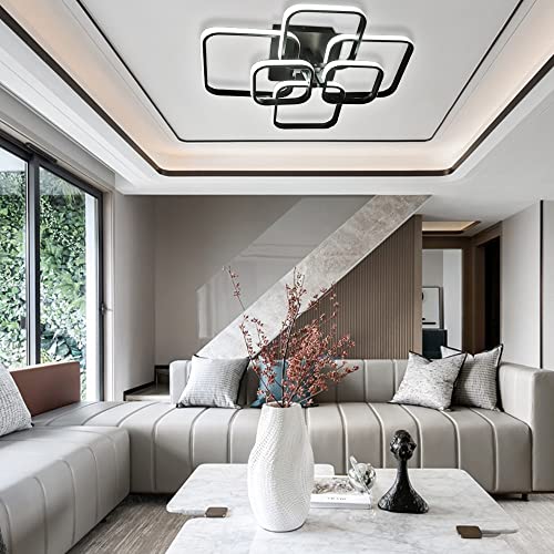 XEMQENER Modern LED Ceiling Light with 6 Squares, 102W Flush Mount Pendant Light, Black Acrylic Chandelier for Living Room Bedroom Dining Room, 6000K Cool White Light Only(NO Remote)
