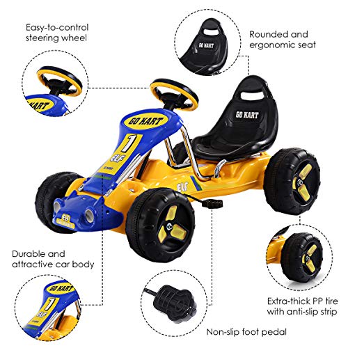 COSTWAY Kids Go Kart, Quad Style Ride On Racer with Adjustable Seat & Non-Slip Wheels, Children Pedal Go-karts for Boys and Girls (Yellow)