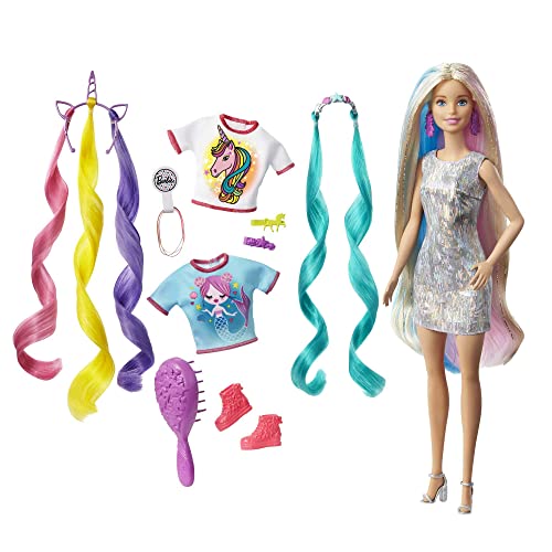 Barbie Fantasy Hair Doll, Barbie Doll with Colourful Blonde Hair, Unicorn Hair Crown and Mermaid Hair Crown, Doll Accessories, Toys for Ages 5 and Up, One Doll, GHN04