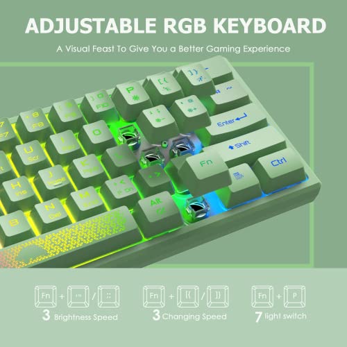 LexonElec K61 pro - [UK Layout] 60% percent Green Keyboard Gaming Mini Cute - RGB Illuminated LED Light up USB Wired Compact - Small Portable Mechanical Feel Aesthetic for PC Laptop MAC ps4 Gamer