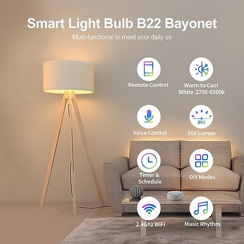 Fitop WiFi Smart Light Bulb B22 Bayonet, Dimmable White and Colour Changing Light Bulb, 9W 806LM=80W RGBCW LED Compatible with Alexa/Google Home/Siri, 2700K-6500K, No Hub Required 2 Pack