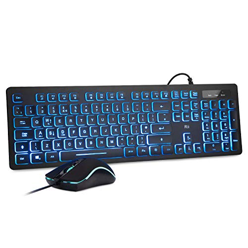 Rii Wired keyboard and mouse, RK105 USB Keyboard and Mouse with Backlit(White Green Blue) for Office Home Business-Full Size Standard UK Layout
