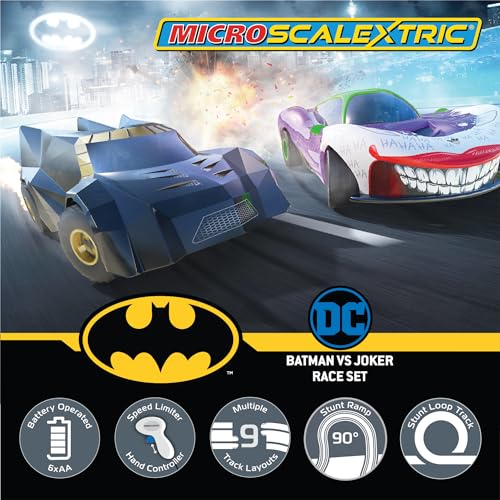 Micro Scalextric Sets for Kids Age 4+ - Batman vs Joker Set, Battery Powered Electric Racing Track Set, Slot Car Race Tracks - Incl. 2x Cars, 1x Track, 1x Powerbase, 2x Controllers & Track Graphic