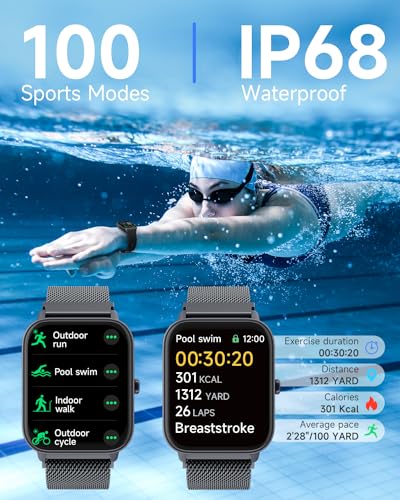 TOOBUR Smart Watch for Men Women Alexa Built-in, IP68 Waterproof Swimming, 1.8" Fitness Watch with Answer&Make Call/Heart Rate/Step Counter/100 Sports, Compatible Android iOS, MetalBlack
