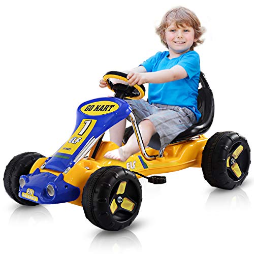 COSTWAY Kids Go Kart, Quad Style Ride On Racer with Adjustable Seat & Non-Slip Wheels, Children Pedal Go-karts for Boys and Girls (Yellow)