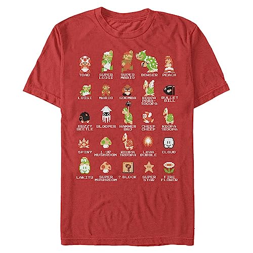 Nintendo mensNNTD0075-10001006Pixel Cast T-Shirt Crew Neck Short Sleeves T-Shirt - red - Large