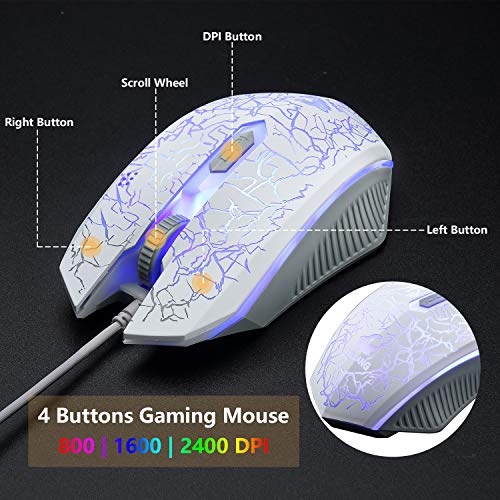 Gaming Keyboard and Mouse Set, 104 Keys UK Layout QWERTY Rainbow Backlit Keyboard, 2400 DPI 4 Buttons Colorful Mice, Comfortable MousePad, USB Wired, Compatible with Windows Mac PC PS4, White
