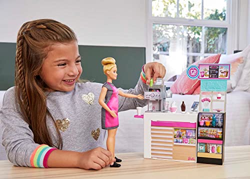 Barbie You Can Be Anything Doll, Coffee Shop Cafe Playset with Blonde Barbie Doll, 20 Doll Accessories and Toy Coffee Smoothie Maker, Toys for Ages 3 and Up, One Doll and One Coffee Shop, GMW03