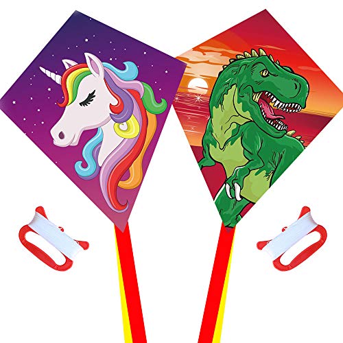 Diamond Kite 2 Pack, Dinasour + Unicorn Eddy Kite, Single Line Kite for Children, Wonderful Beginner Kite for 3 years up, 60x70cm with 2x300cm long tails, Kite handle, 60m String and swivel included.