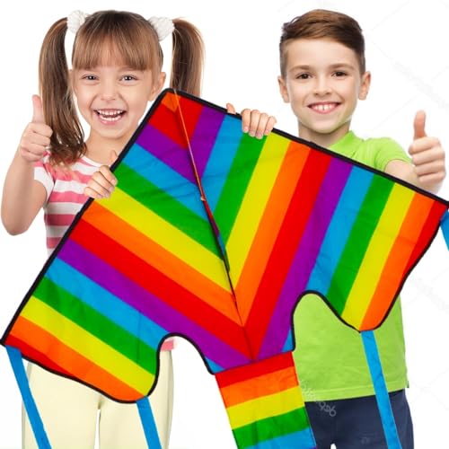 Huge Rainbow Delta Kite for Children and Adults - Great Outdoor Kids Toys for Beginners - Very Easy to Fly Kite - Even in Low Winds - Makes a Great Gift or Stocking Filler