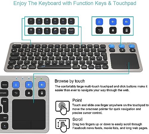 Arteck Universal 2.4G Wireless and Bluetooth Touch TV keyboard Multi-Device with Easy Media Control and Build-in Touchpad Wireless Keyboard for Smart TV, TV Box, TV-Connected Computer, Mac, HTPC