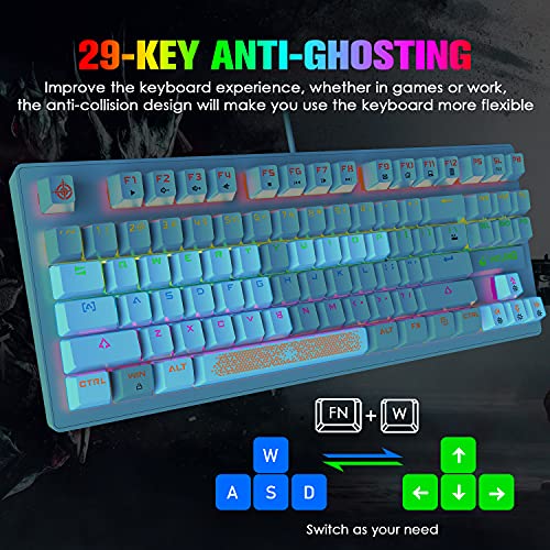 Mechanical Gaming Keyboard, RGB Backlit Keys, Spill-Resistant, Dedicated Multi-Media Keys, 87 Keys Full Anti-ghosting Essential Gaming Keyboard, QWERTY Layout, for PC PS4 PS5 Xbox one -Blue