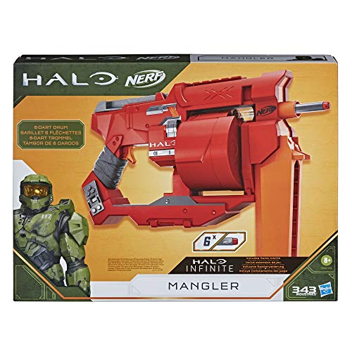 Nerf Halo Mangler Dart Blaster - Pull-Back Priming Handle, Rotating 6-Dart Drum - Includes 6 Official Nerf Elite Darts, E9273EU5