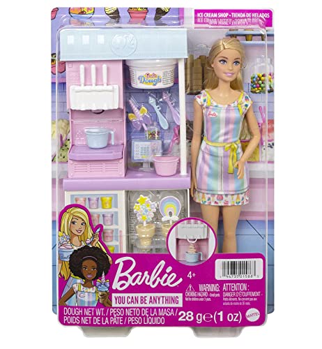 Barbie Ice Cream Shop Playset with 12 in Blonde Doll, Ice Cream Making Feature, 2 Dough Containers, 2 Bowls, 2 Cones, and accesories, Gift for Ages 3 Years Old & Up, HCN46