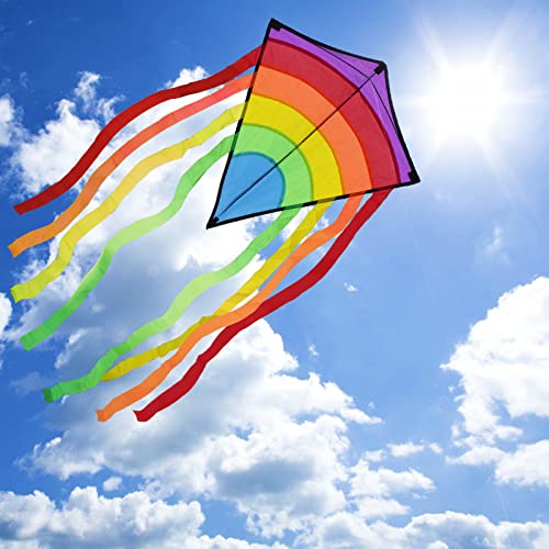 ECHOCUBE Huge Rainbow Diamond Kite for Kids & Adults, Easy to Fly Kite with 8 Long Tails and 100M Kite String, Great Outdoor Toy for Beach, Park and Family Time (73 * 65cm)