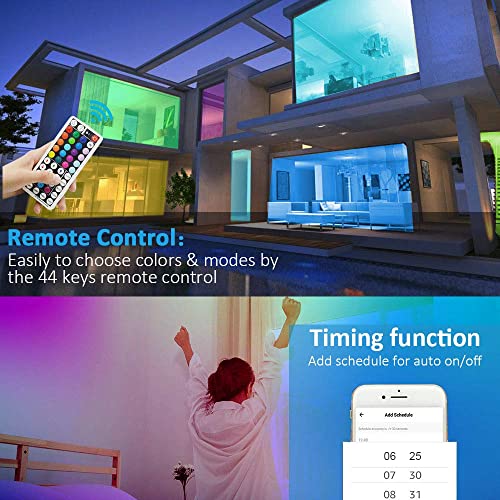 Romwish LED Strip Light 10M, RGB SMD 5050 Bluetooth Music Sync Smart Color Changing Rope Lights, 44 Keys Remote Control, Timing Function,with for Bedroom, TV, Party