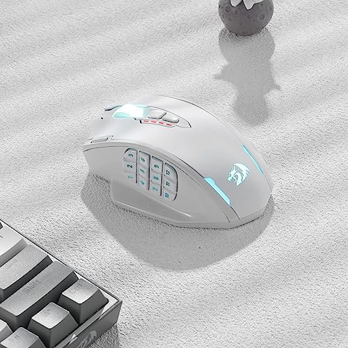 Redragon M913 Impact Elite Wireless Gaming Mouse, 16000 DPI Wired/Wireless RGB Gamer Mouse with 16 Programmable Buttons, 45 Hr Battery and Pro Optical Sensor, 12 Side Buttons MMO Mouse,White