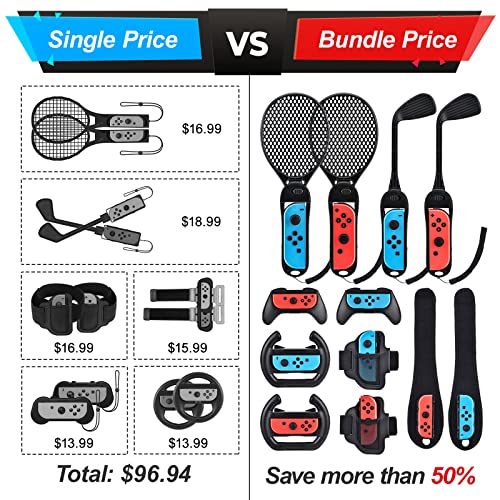 14 in 1 Switch Sports Accessories Bundle, innoAura Switch Sports Bundle with Switch Steering Wheel, Joycon Grip, Tennis Racket, Glof Club, Wrist Strap, Leg Strap Compatible with Switch/Switch OLED