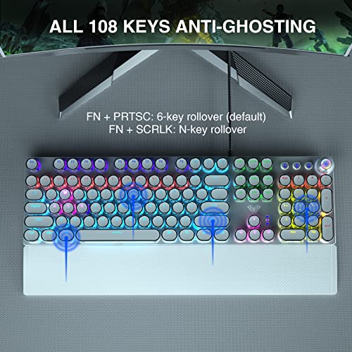 Aula F2088 Typewriter Style Mechanical Gaming Keyboard Blue Switch, with Removable Wrist Rest, Media Control Knob, Rainbow Backlit, Retro Punk Round Keycaps, 108 Keys Wired Computer Keyboard, White