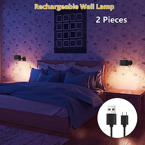 Wall Light Set of 2, Rechargeable LED Wall Sconce Battery Operated, 6 Colors Dimmable Cupboard Light, Remote&Touch Control Stick on Wall Light, Bedside Wall Reading Light for Bedroom Pictures Arts