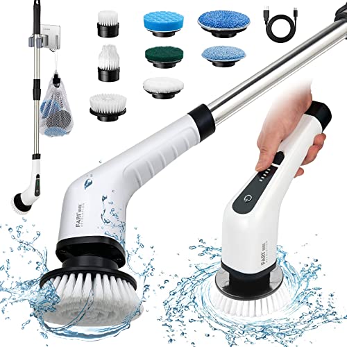 Electric Spin Scrubber, FARI Shower Cleaning Brush with 8 Replaceable Drill Brush Heads, Cordless Power Scrubber with Adjustable Handle Bathroom and Shower Cleaner, White (ANS-8050-X8)