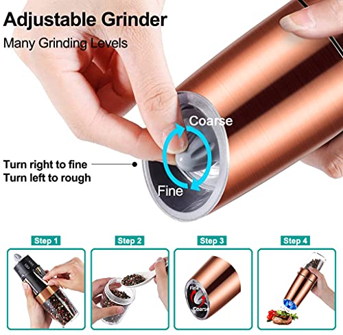 sdlogal Salt and Pepper Mill Electric (Copper, 2 Pieces), Gravity Automatic Operation Spice Mills with LED Light, Adjustable Coarse Mechanism, Battery Operated, Salt Mill for Home, Kitchen