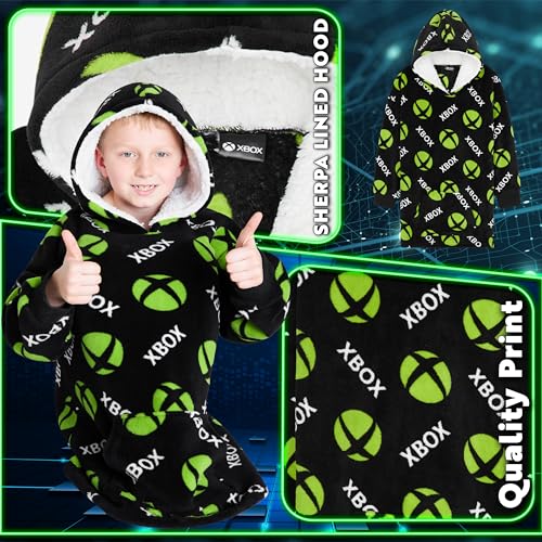 Xbox Fleece Blanket Hoodie for Boys and Teenagers - One Size Cosy Kids Oversized Hoodie Blanket - Gamer Gifts for Boys