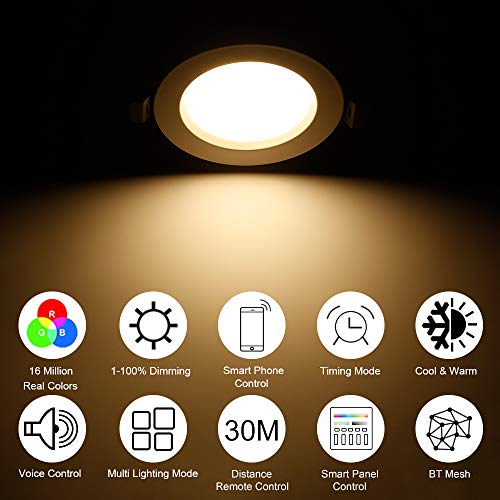INDARUN WiFi 5W 350LM Led Downlights for Ceiling Dimmable RGBCW, Bluetooth Mesh Recessed Ceiling Lighting for Living Room, Kitchen, KTV, Bars, Compatible with Amazon Alexa/Google Home (10 Packs)