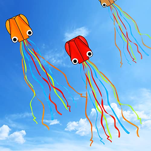 YSBER 2 Pack Large Octopus Kites 13.8ftx2.3ft - 3D Mollusc Octopus with 157 Inches Long Colorful Tail Easy to Fly Come with Handle & 328ft String for Kids Adults Outdoor Activities Beach Park Trip