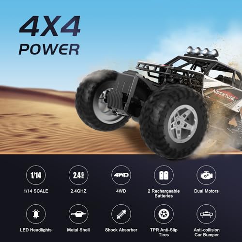 DEERC RC Cars Remote Control Car 1:14 Off Road Monster Truck,Metal Shell 4WD Dual Motors LED Headlight Rock Crawler,2.4Ghz All Terrain Hobby Truck with 2 Batteries for 90 Min Play,Boy Adult Gifts