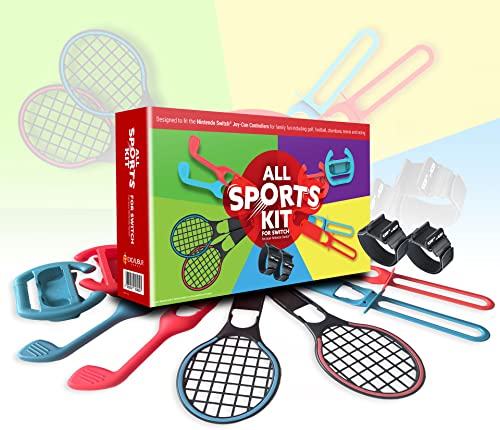 All Sports Kit For Nintendo Switch - 10in1 Kit with Tennis Rackets, Golf Clubs, Chambara Swords, Racing Wheels & Leg/Arm Straps - Switch Sports Game Accessories