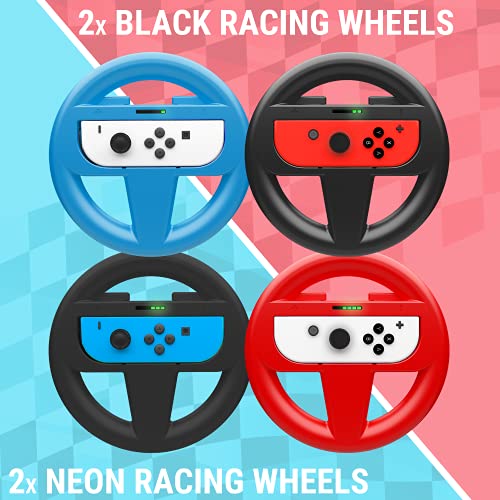Orzly Steering Wheels for Nintendo Switch & OLED Console - Party Pack (4 Wheels), Steering Wheel Joycon Controller Attachments for Mariokart Switch (2x Black Wheels, 1 x Blue Wheel, 1 x Red Wheel)