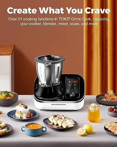 TOKIT Omni Cook Robot All-in-1 Food Processor with 21 Cooking Functions Built-in 7'' Touch Screen Guided Recipes Pre-clean, Chopper, Juicer, Blender, Mixer, Weigh, Sous-Vide, Ice Crush and more