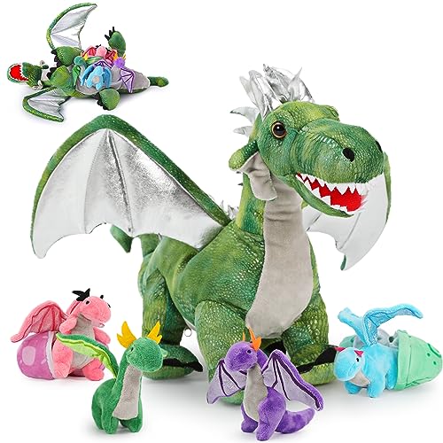 MorisMos Green Dragon Teddy with Babies inside Toy, Lifelike Cuddly Dragons Plush Soft Toys for Boy, Kawaii Dragon Stuffed Animal Gifts for Valentines Birthday Children's Day Party Decorations (55 cm)