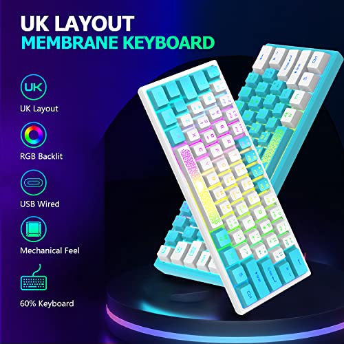 K61 UK Layout 60% Gaming Keyboard Wired 61 Keys RGB LED Backlit 7 Lighting Effects Waterproof Keyboard Mechanical Feeling 19 keys Anti Ghosting for Laptop MAC ps4- White and Blue Mixed-Colored Keycaps