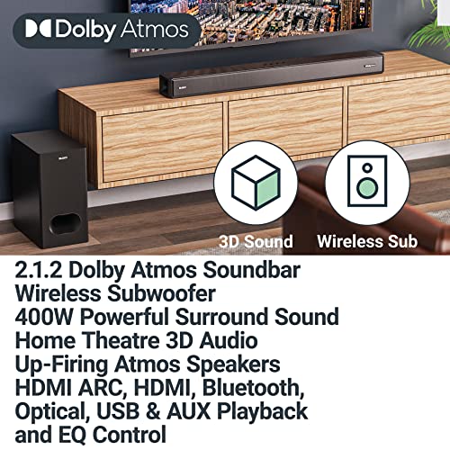 MAJORITY Sierra Plus | Dolby Atmos 2.1.2 Bluetooth Soundbar with Wireless Subwoofer | 400W Up-Firing Surround Sound Speakers For 3D Audio Home Theatre | USB, AUX, Optical, RCA & 3x HDMI | Custom EQ