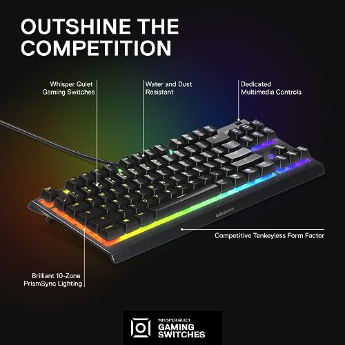 SteelSeries Apex 3 TKL - RGB Gaming Keyboard - Tenkeyless Compact Esports Form Factor - 8-Zone RGB Illumination - IP32 Water & Dust Resistant - English QWERTY Layout