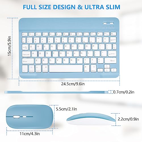 AIMMIE Portable Wireless Keyboard, Rechargeable10 Ultra Slim Universal Tablet Keyboard with Wireless Mouse, Small Wireless Keyboard for iOS/Android/Windows Tablets, Laptops, PC, Phones (Blue)