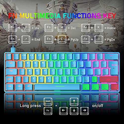 T60 UK Layout 60% Mechanical Keyboard and Mouse Set, Compact 62 Keys Mini Wired Gaming Keyboard 19 Rainbow Backlit + 6400DPI RGB Ultra-Light PC Gaming Mice + Mouse Pad For Laptop/MAC-Blue/Red Switch