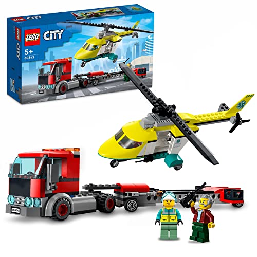 LEGO City Rescue Helicopter Transport 60343 Building Kit for Children Aged 5 and Up, Featuring a Toy Lorry with a Helicopter Trailer, Plus Driver and Pilot Minifigures (215 Pieces)