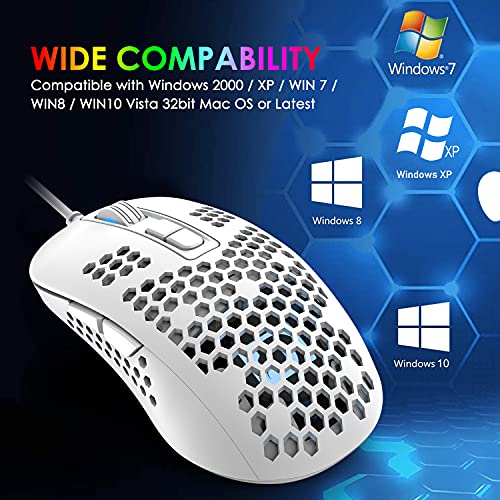 KUIYN 383 Ultralight Wired Gaming Mouse, Lightweight Honeycomb Shell, 4 RGB Breathing Backlit Mice, 4 Adjustable DPI 2400, USB Optical Computer Mice for Win10/XP/Xbox/PS4/PS5/Mac/Air/HP/Acer (White)