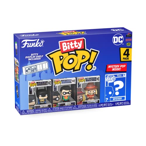 Funko Bitty POP! DC - Batman, Robin, Scarecrow and A Surprise Mystery Mini Figure - 0.9 Inch (2.2 Cm) - DC Comics Collectable - Stackable Display Shelf Included - Gift Idea - Party Bags Stocking