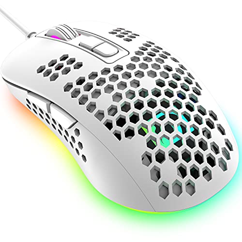 KUIYN 383 Ultralight Wired Gaming Mouse, Lightweight Honeycomb Shell, 4 RGB Breathing Backlit Mice, 4 Adjustable DPI 2400, USB Optical Computer Mice for Win10/XP/Xbox/PS4/PS5/Mac/Air/HP/Acer (White)