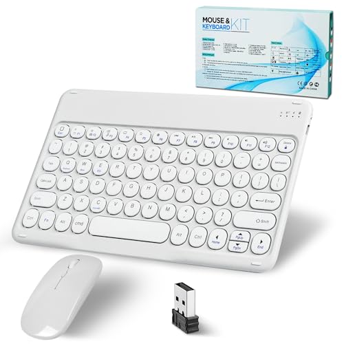 Bluetooth Keyboard, Wireless Keyboard and Mouse 2.4 USB Rechargeable Lightweight 10IN Universal Quiet Portable Mini Keyboard and Mouse Set for iPad,iOS,Mac,Windows,Android Tablet Laptop Upgrade-White