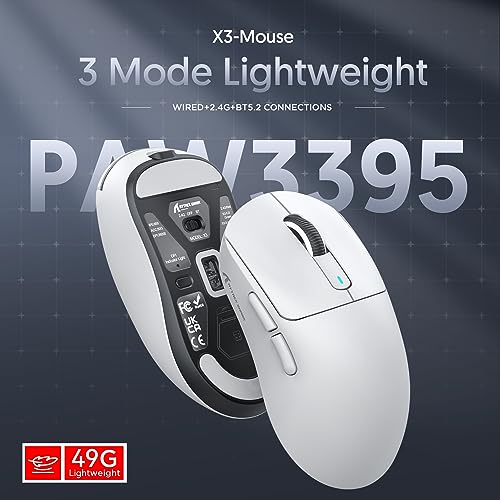 ATTACK SHARK X3 49g SUPERLIGHT Mouse, PixArt PAW3395 Gaming Sensor, BT/2.4G Wireless/Wired Gaming Mouse, 6 Adjustable DPI up to 26000, 200 Hrs Battery, G502, Office Mice for Win11/Xbox/PS/Mac (White)