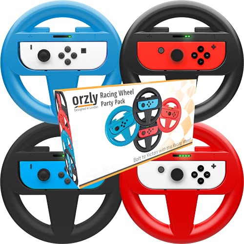 Orzly Steering Wheels for Nintendo Switch & OLED Console - Party Pack (4 Wheels), Steering Wheel Joycon Controller Attachments for Mariokart Switch (2x Black Wheels, 1 x Blue Wheel, 1 x Red Wheel)