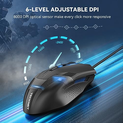 TECKNET Wired Gaming Mouse, 8000 DPI Adjustable Optical Sensor USB Computer Mouse, 6 Programmable Buttons & 6 Chroma RGB Backlit, Ergonomic Mice for Laptop Desktop PC/Mac Mouse - Black