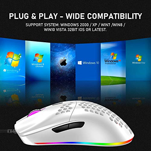 Wired Gaming Mouse, 6 RGB Lighting 6400 DPI Programmable USB Gaming Mice with 6 buttons, Honeycomb Shell Ergonomic Design for PC Gamers and Xbox and PS4 Users -White