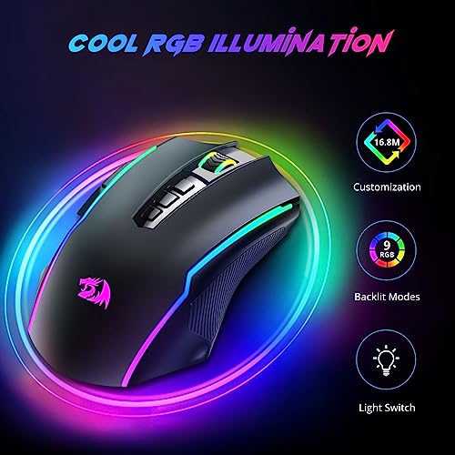 Redragon Gaming Mouse, Wireless Gaming Mouse with 9 Programmable Buttons, RGB Backlit, Rechargeable Wireless Mouse UP to 8000 DPI, Macro Edit, 70Hrs for Laptop, PC, Mac Gamer, Black M910-KS